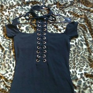Black and gold lace up dress